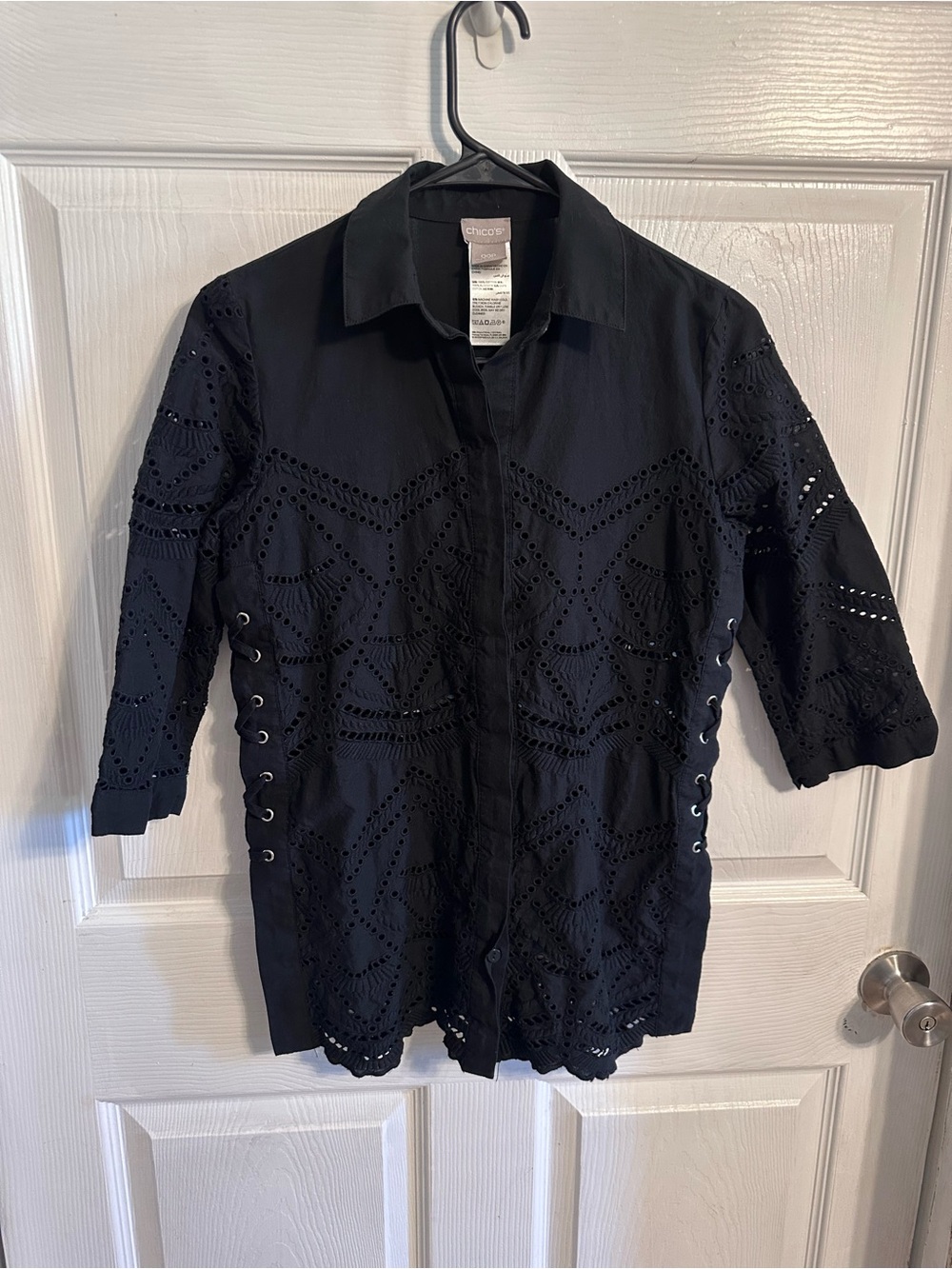 Chico’s eyelet lace blouse button up with lace up sides